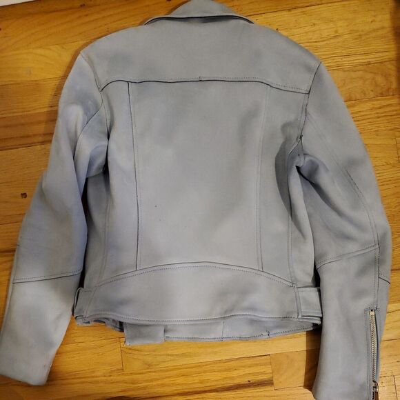 H&M Light Blue Faux Suede Zip Up Motorcycle Jacket Size 6 - Picture 5 of 5